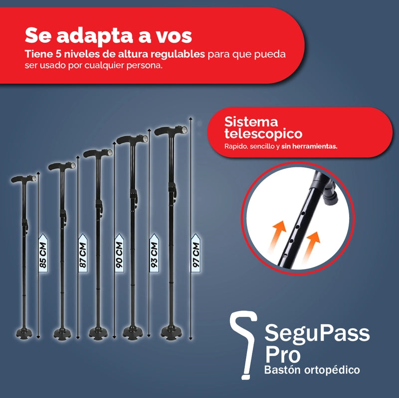 SEGUPASS PRO | Bastón Ortopédico Regulable Plegable con Linterna LED