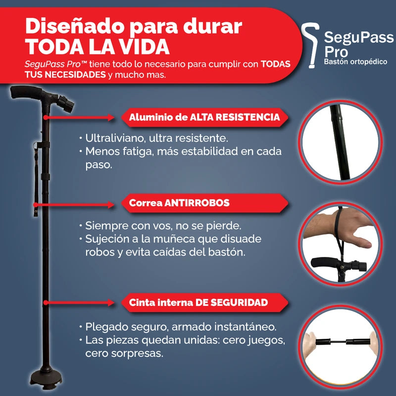 SEGUPASS PRO | Bastón Ortopédico Regulable Plegable con Linterna LED
