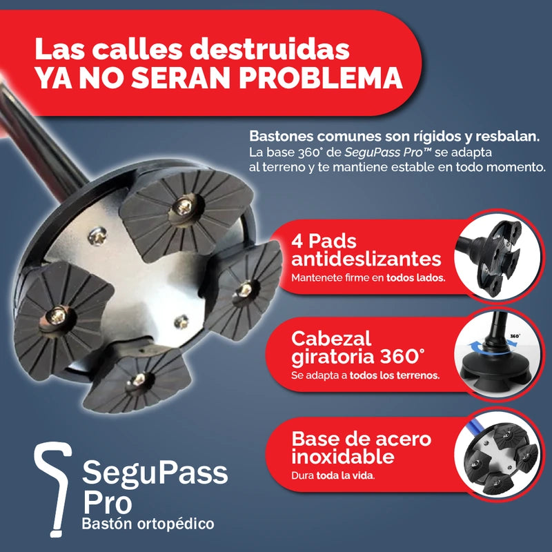 SEGUPASS PRO | Bastón Ortopédico Regulable Plegable con Linterna LED