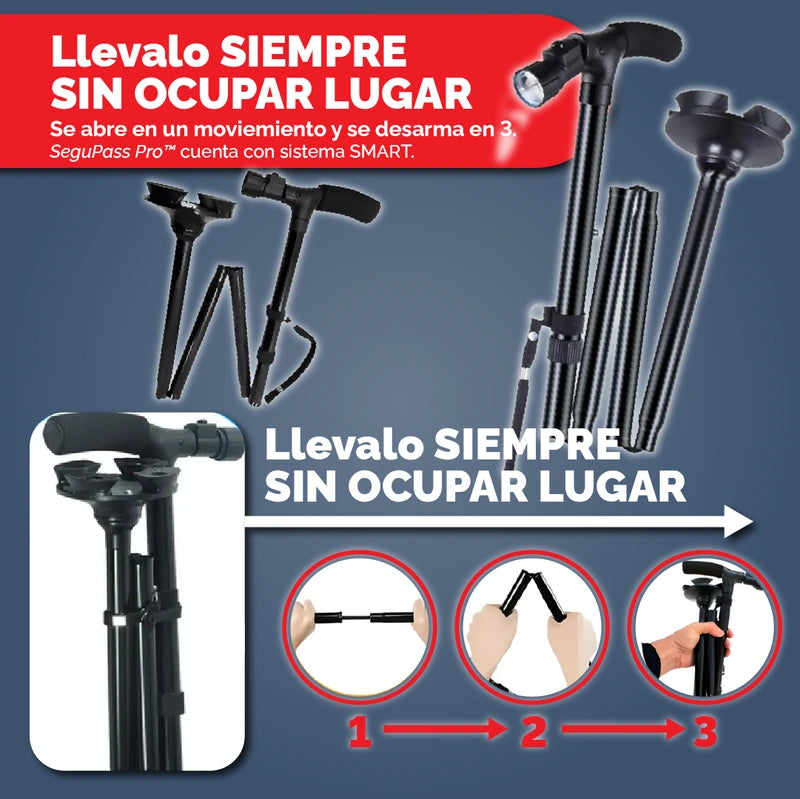 SEGUPASS PRO | Bastón Ortopédico Regulable Plegable con Linterna LED
