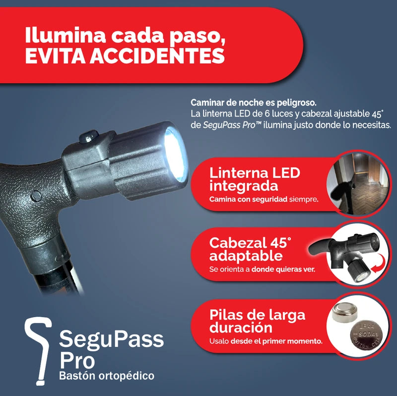 SEGUPASS PRO | Bastón Ortopédico Regulable Plegable con Linterna LED