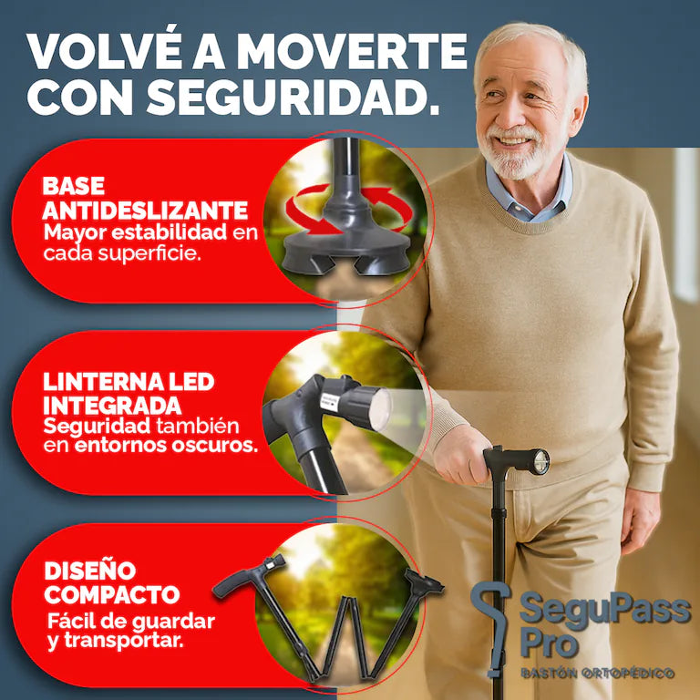 SEGUPASS PRO | Bastón Ortopédico Regulable Plegable con Linterna LED